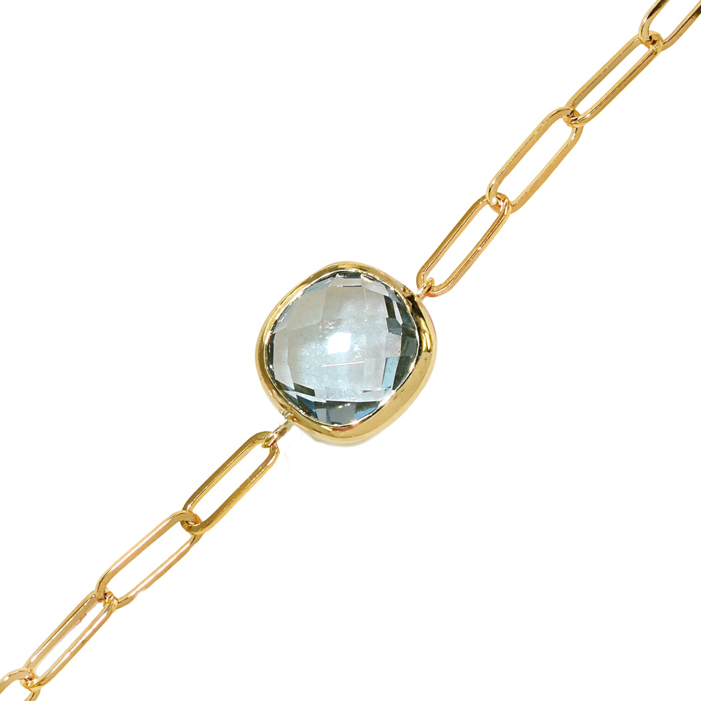 14k Blue Topaz Cushion Paperclip Bracelet