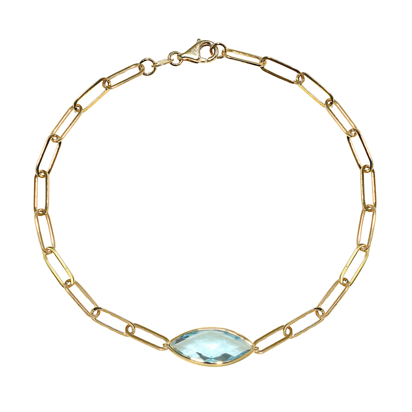 14k Blue Topaz Marquise Paperclip Bracelet