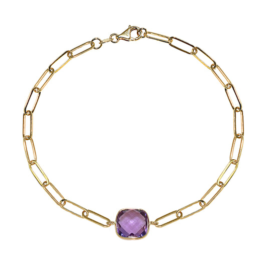 14k Amethyst Cushion Paperclip Bracelet