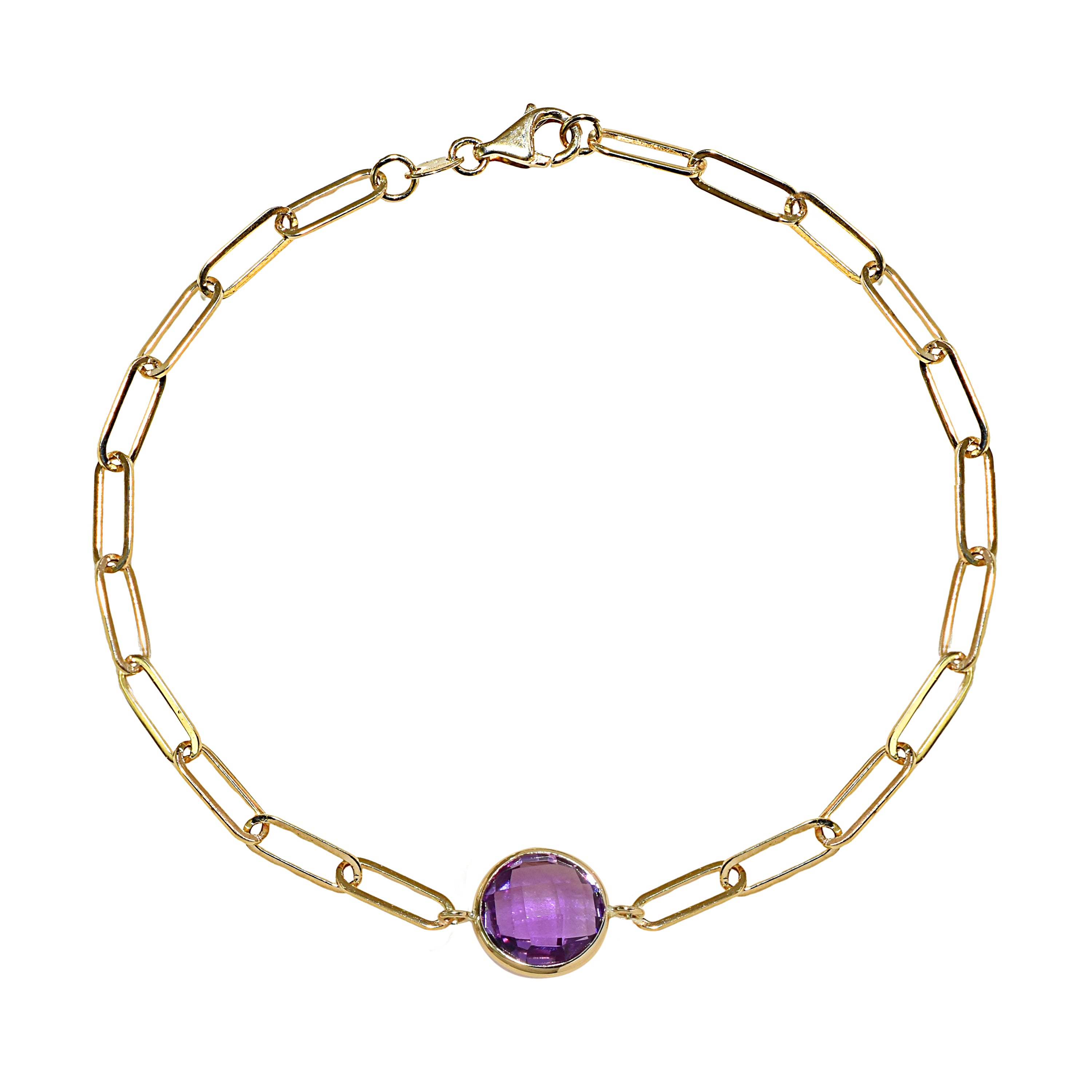 14k Amethyst Round Paperclip Bracelet