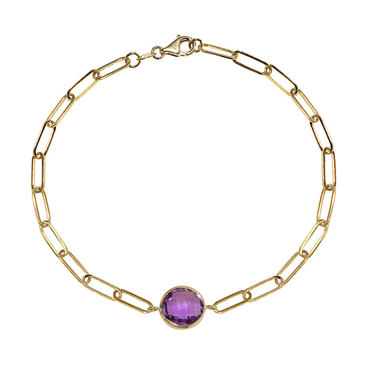 14k Amethyst Round Paperclip Bracelet
