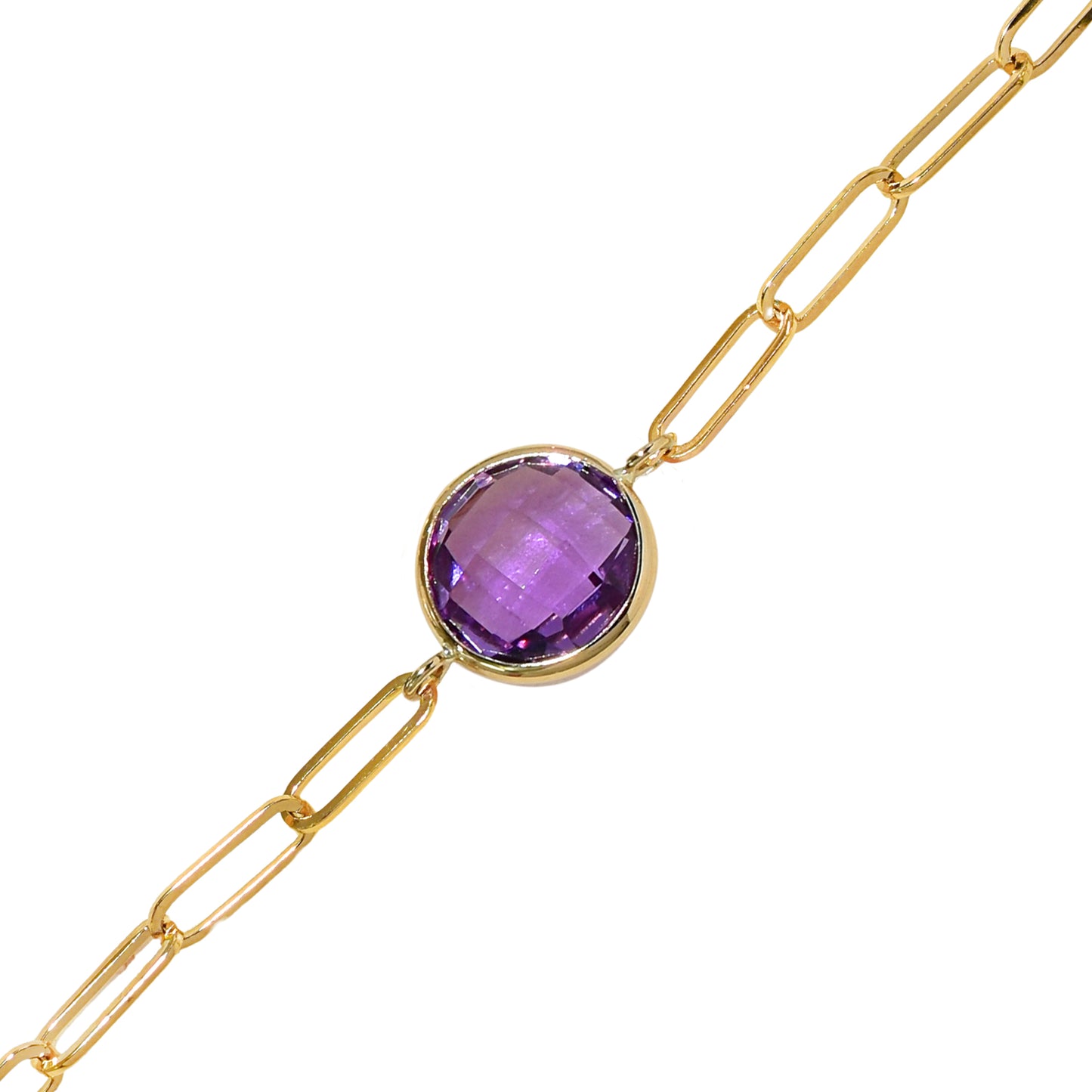 14k Amethyst Round Paperclip Bracelet