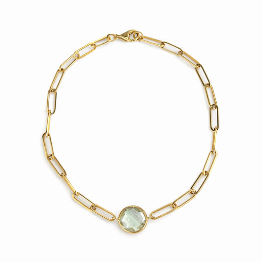 14k Green Amethyst Rounded Bezel Paperclip Bracelet