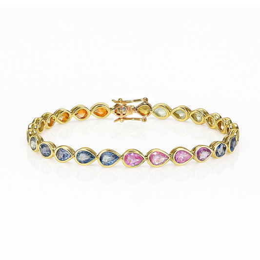 14k Multi Sapphire Pear Shape Bezel Tennis Bracelet