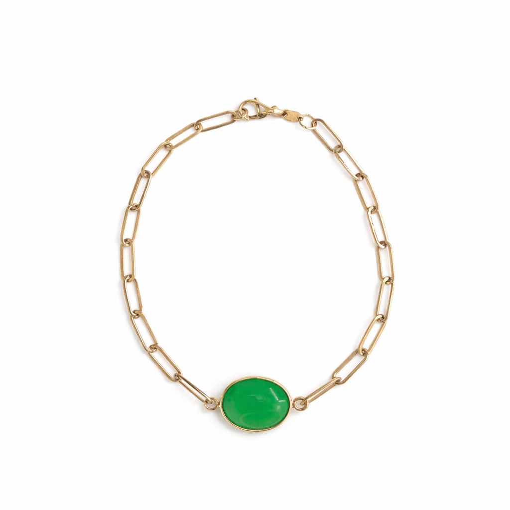 14k Green Jade Oval Center Paperclip Bracelet