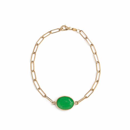 14k Green Jade Oval Center Paperclip Bracelet