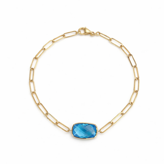 14k Swiss Blue Topaz Elongated Cushion Paperclip Bracelet