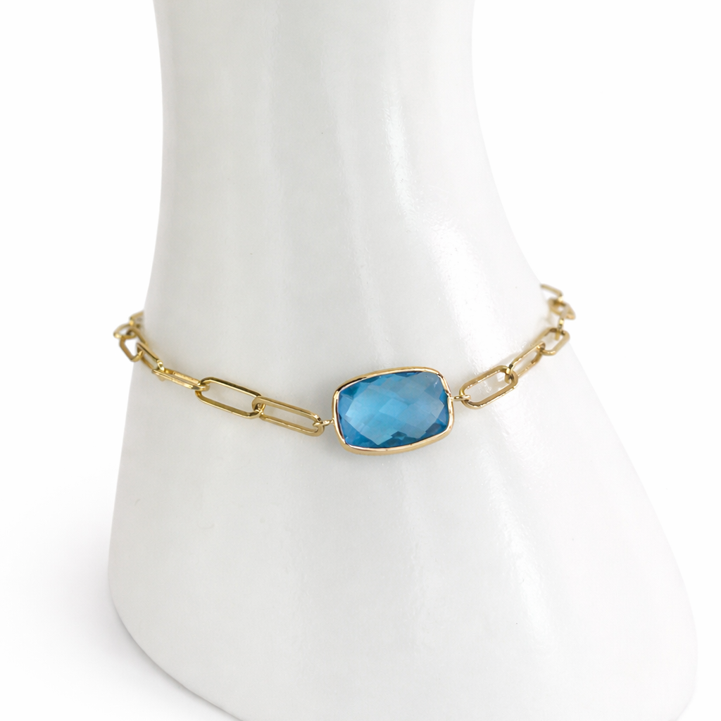 14k Swiss Blue Topaz Elongated Cushion Paperclip Bracelet