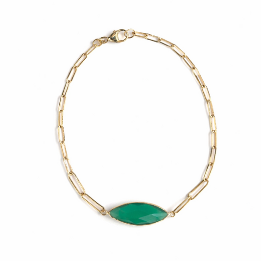 14k Green Onyx Marquise Center Paperclip Bracelet