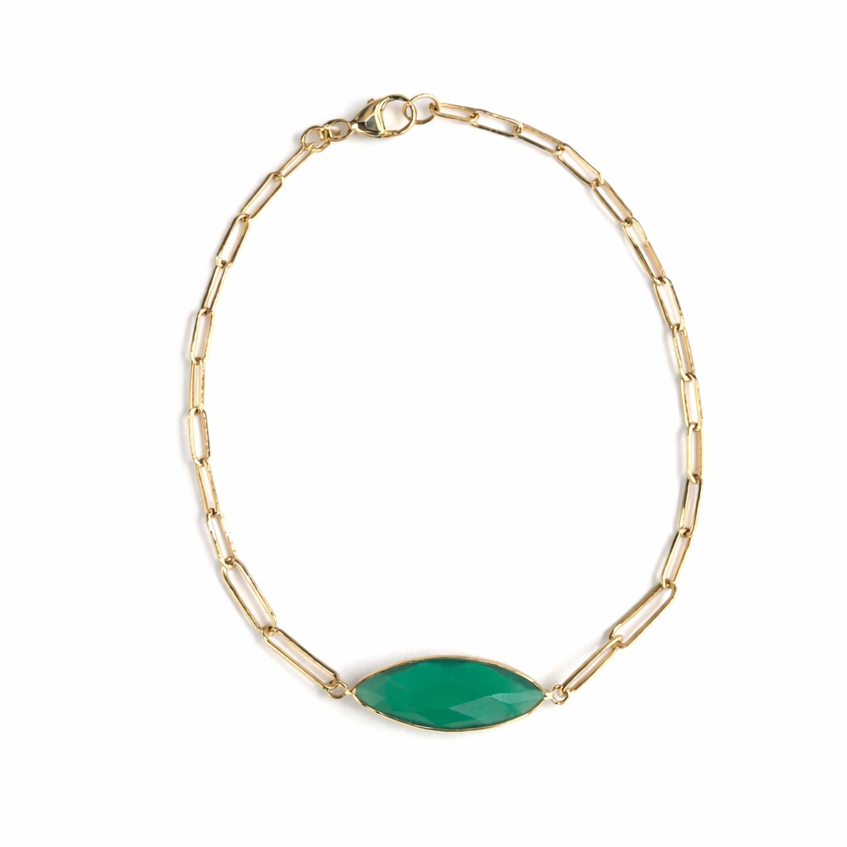 14k Green Onyx Marquise Center Paperclip Bracelet