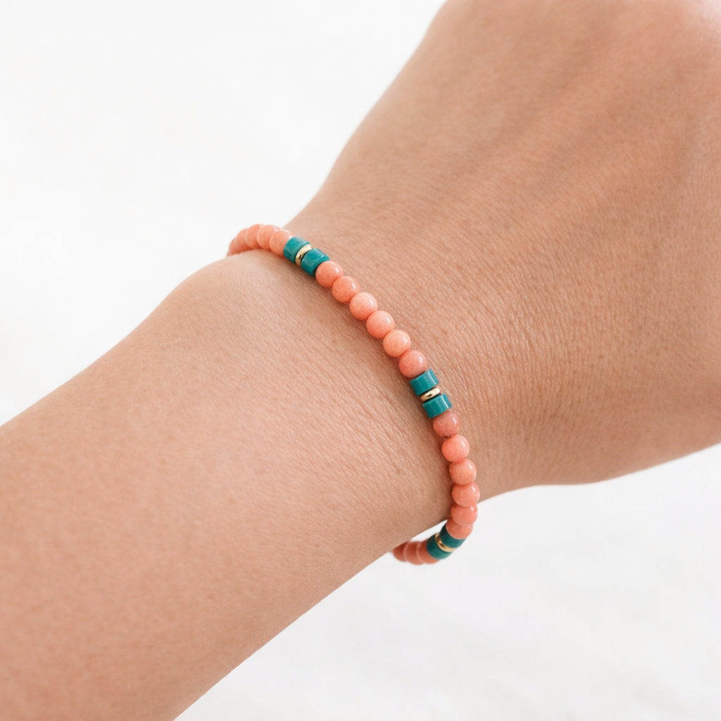 14k Mix Gemstone & Turquoise Heishi Gold Roundel Stretch Bracelet