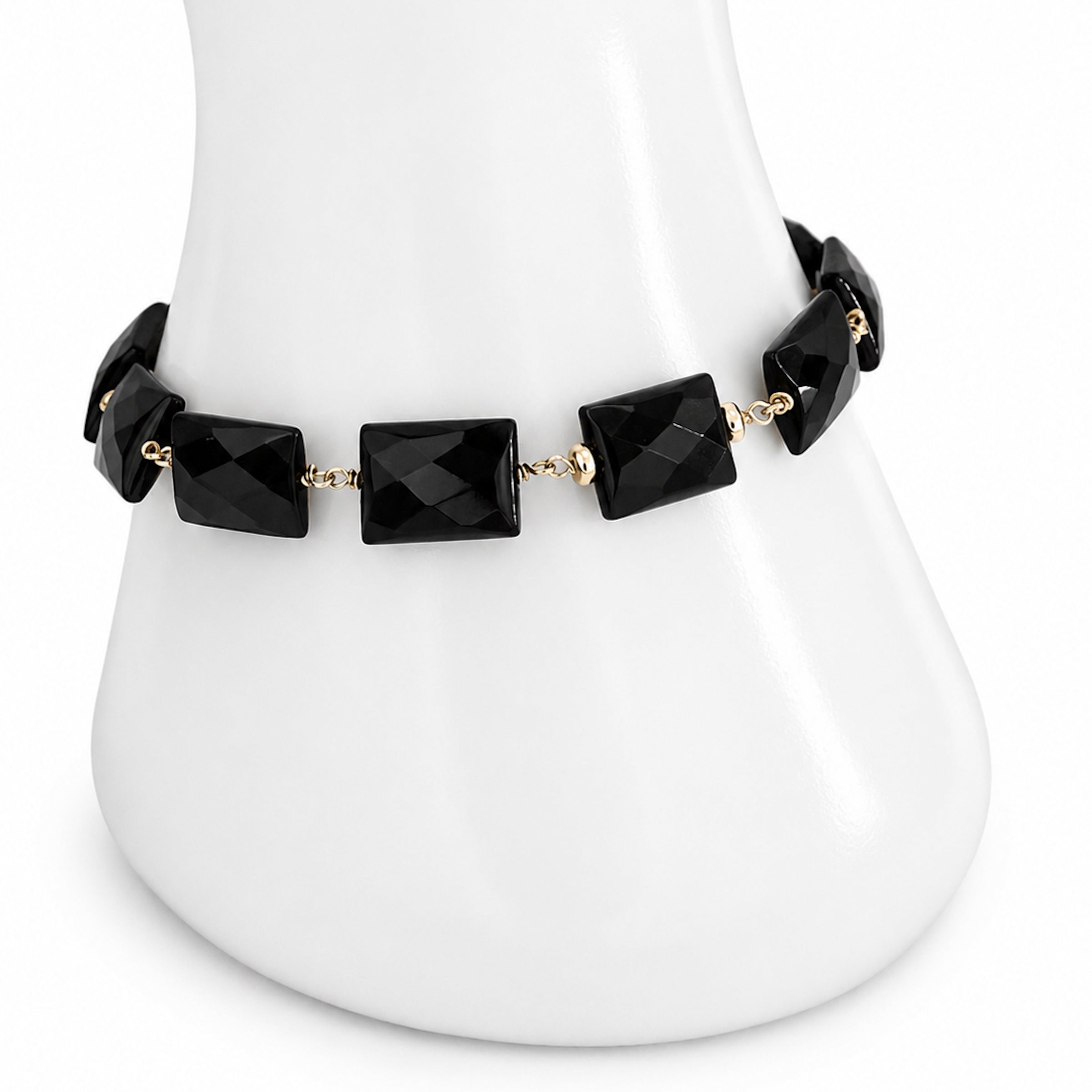 14k Black Onyx Rectangle Link Gold Roundel Center Bracelet