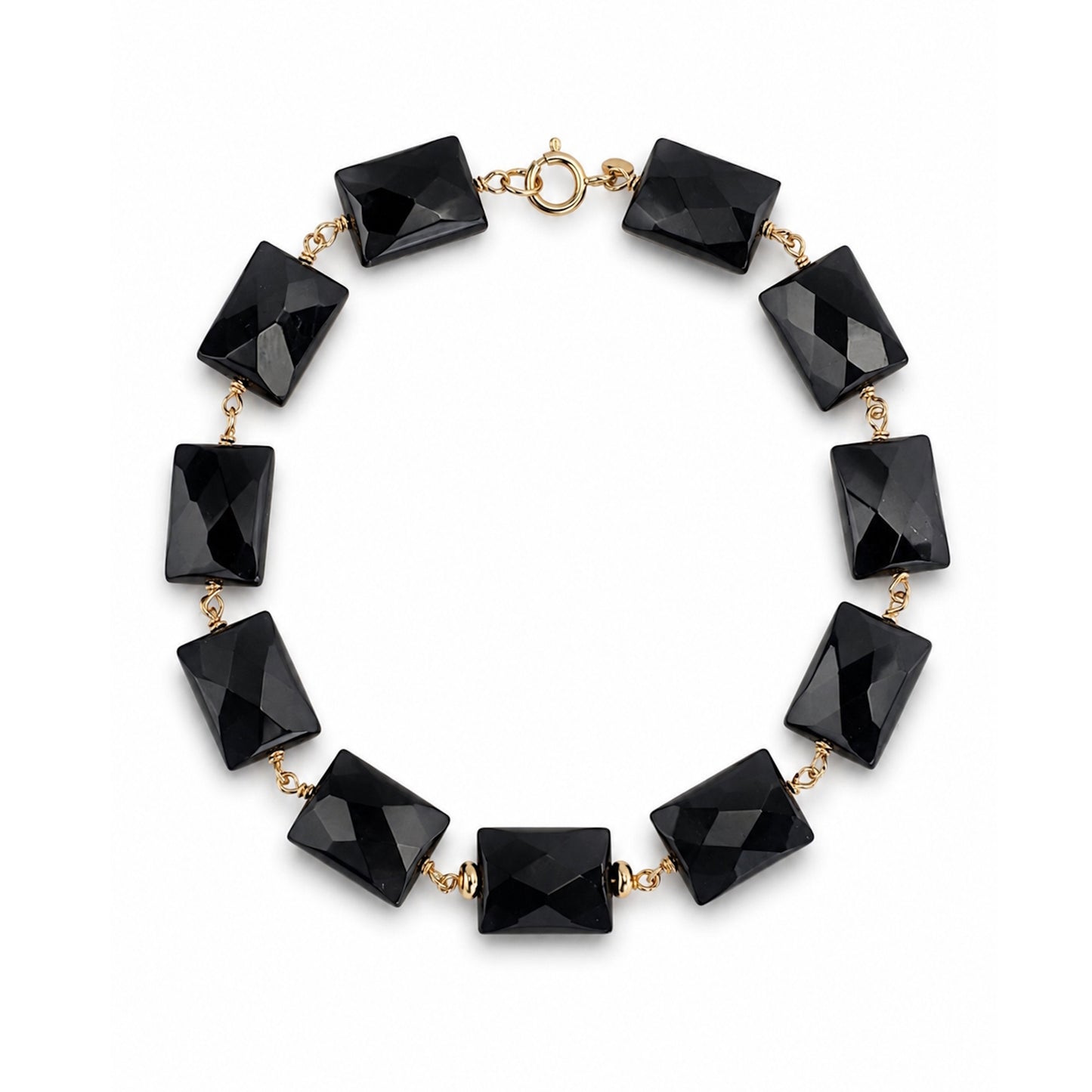 14k Black Onyx Rectangle Link Gold Roundel Center Bracelet