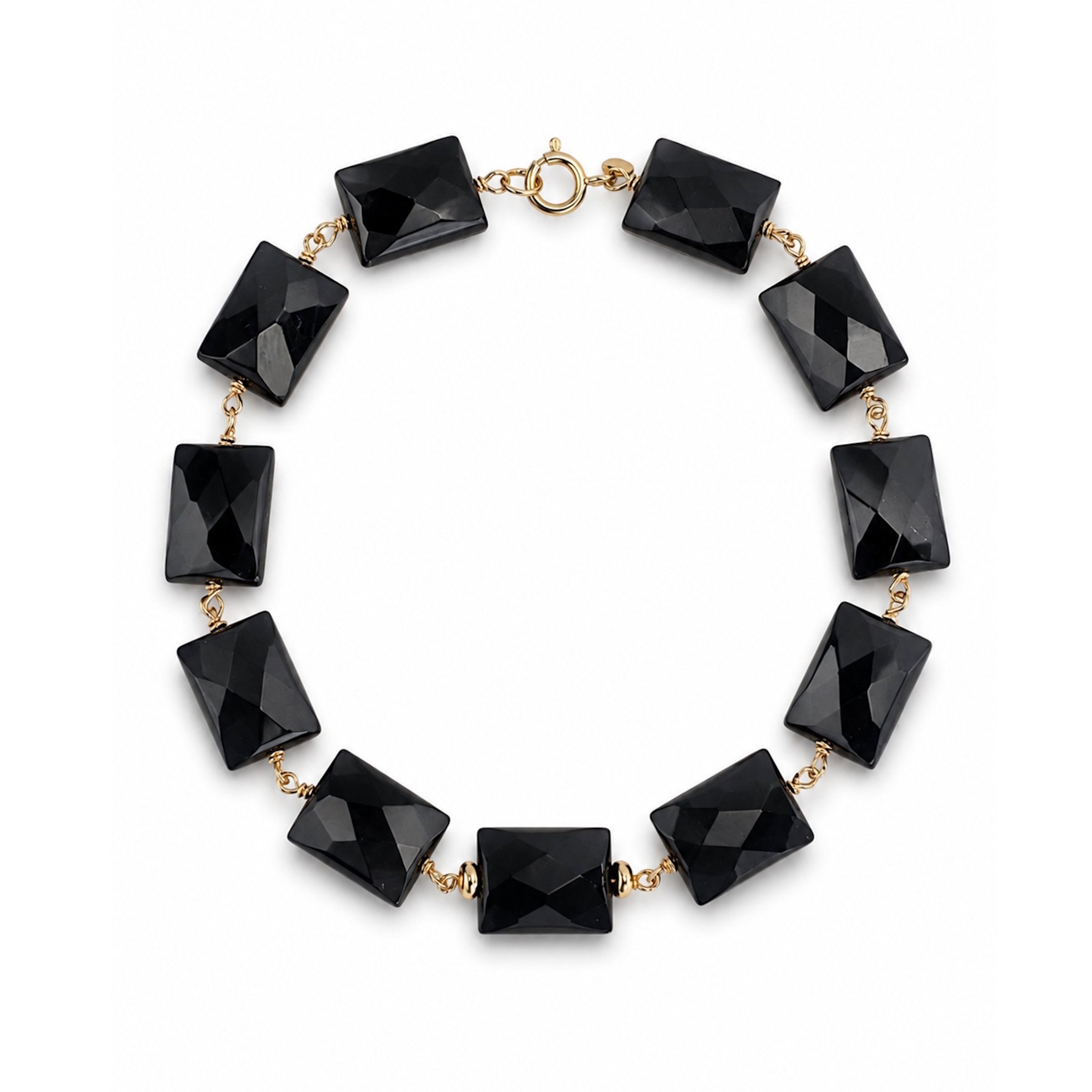 14k Black Onyx Rectangle Link Gold Roundel Center Bracelet