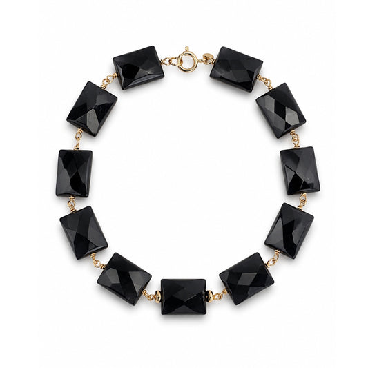 14k Black Onyx Rectangle Link Gold Roundel Center Bracelet