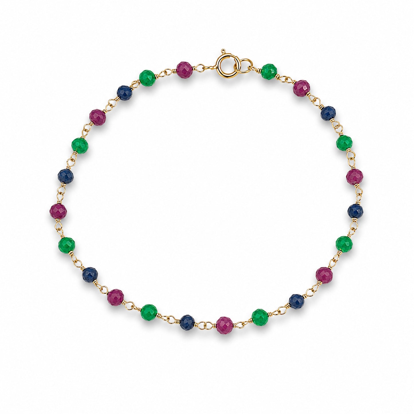 14k Dyed Emerald, Ruby, Sapphire Link Bracelet