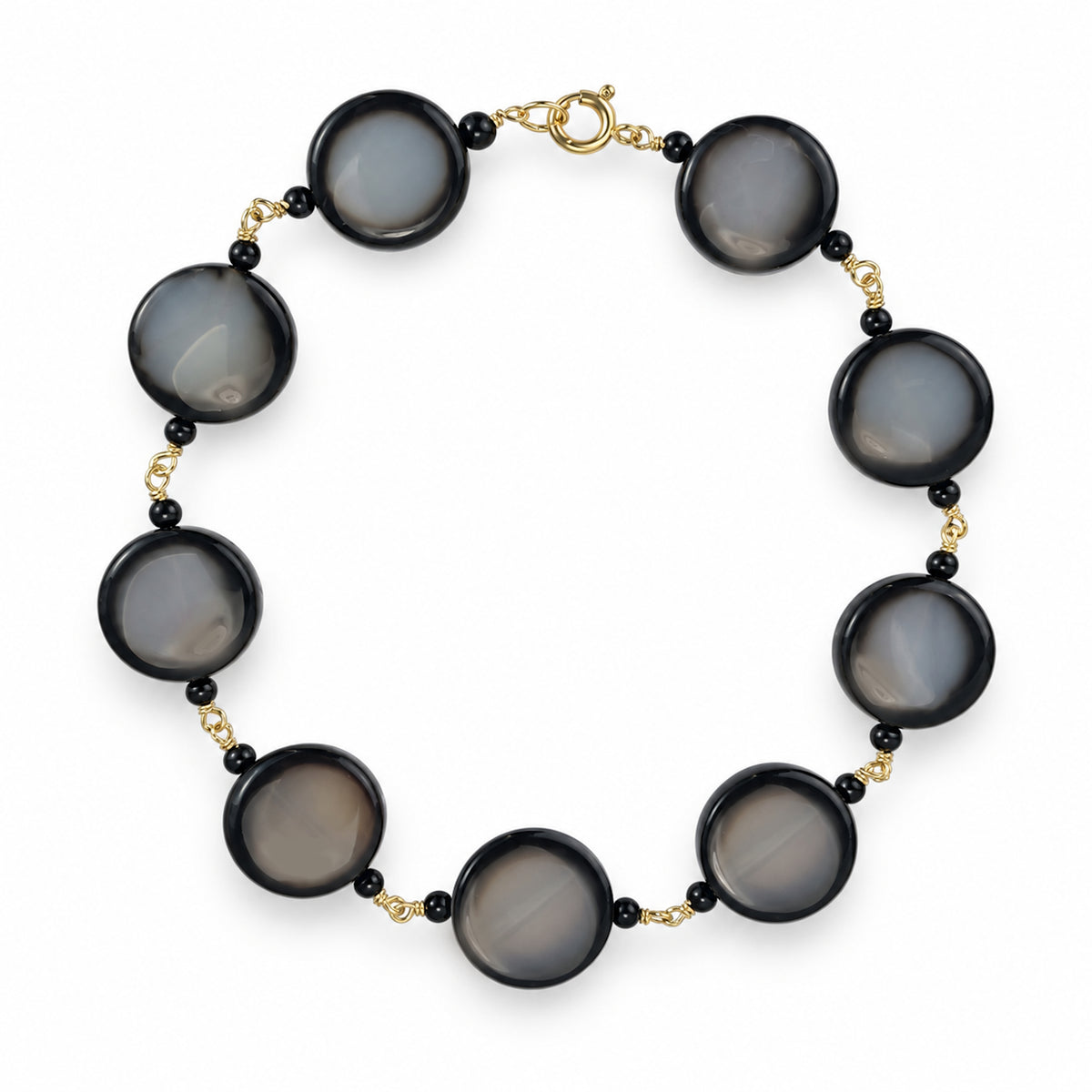 14k Fancy Black Agate Coin Link Bracelet