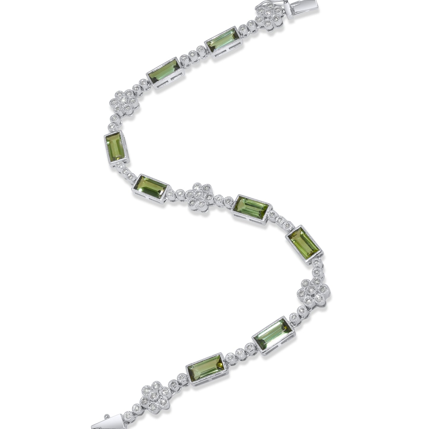 14K White Gold Green Tourmaline and Diamond 1.02cts Link Bracelet 7.5"