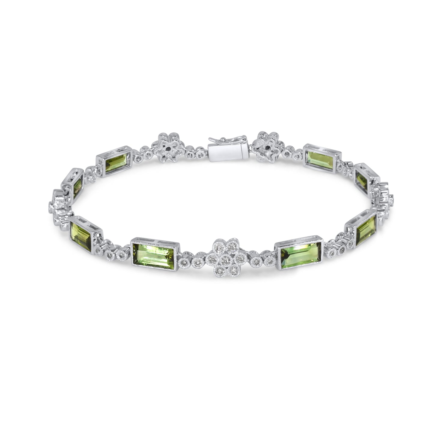 14K White Gold Green Tourmaline and Diamond 1.02cts Link Bracelet 7.5"