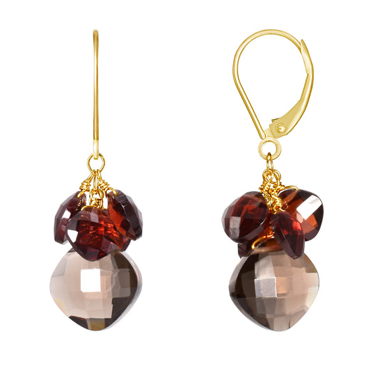 14k Smoky Quartz and Garnet Hook Earring