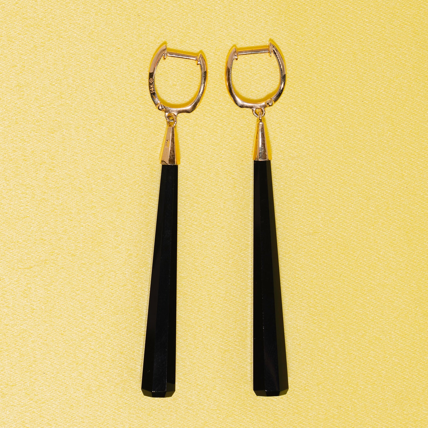 14k Black Onyx Long Huggie Hoop Drop Earrings