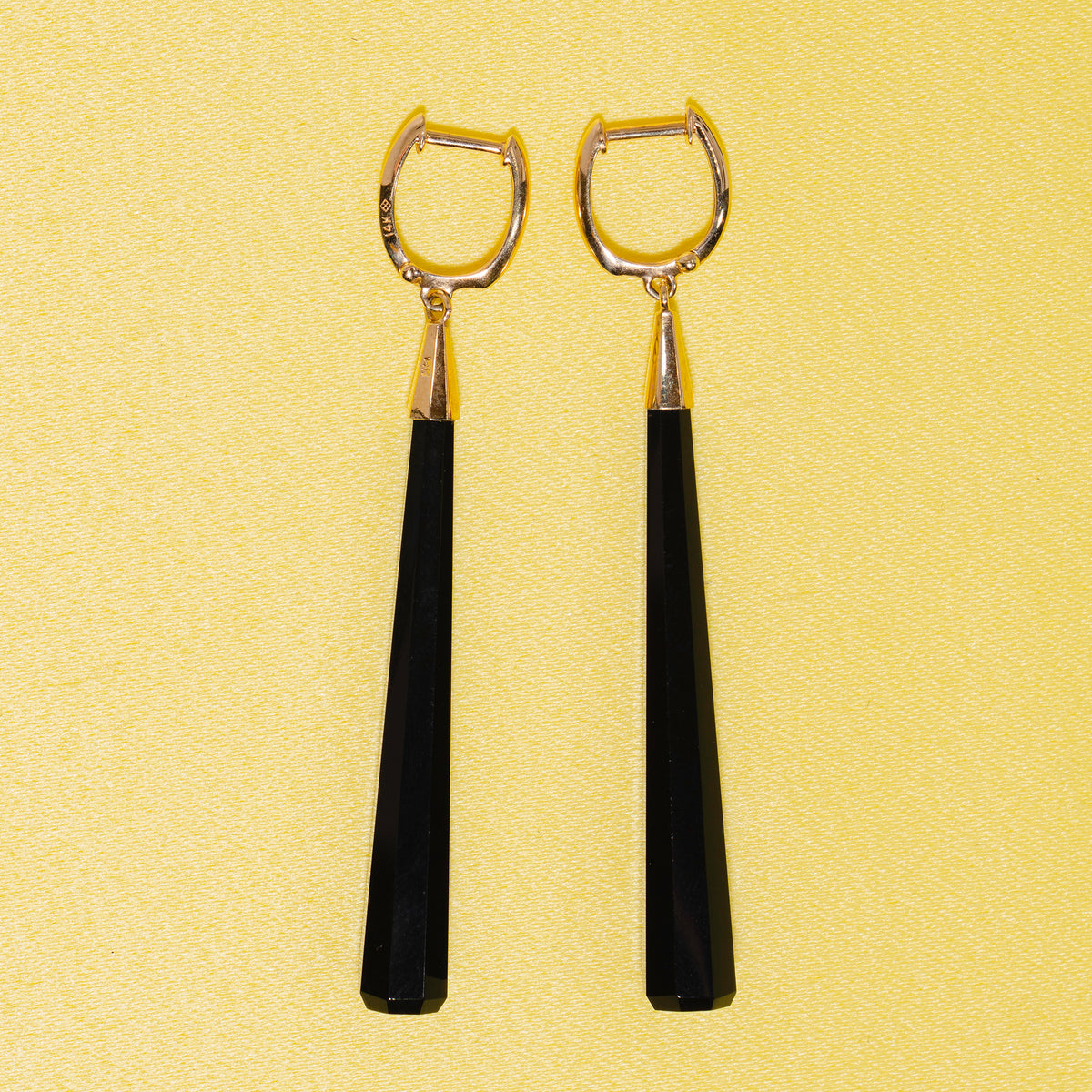 14k Black Onyx Long Huggie Hoop Drop Earrings