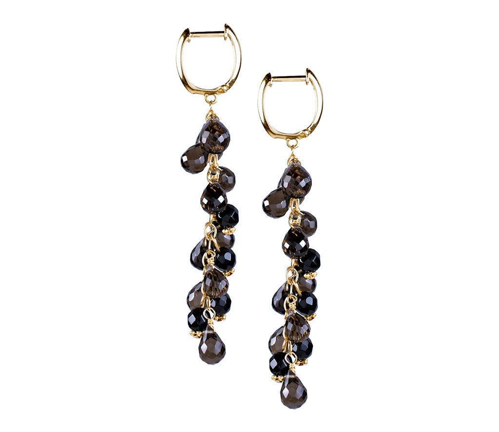 14k Smoky Quartz and Black Onyx Cluster Huggie Hoop Dangle Earring