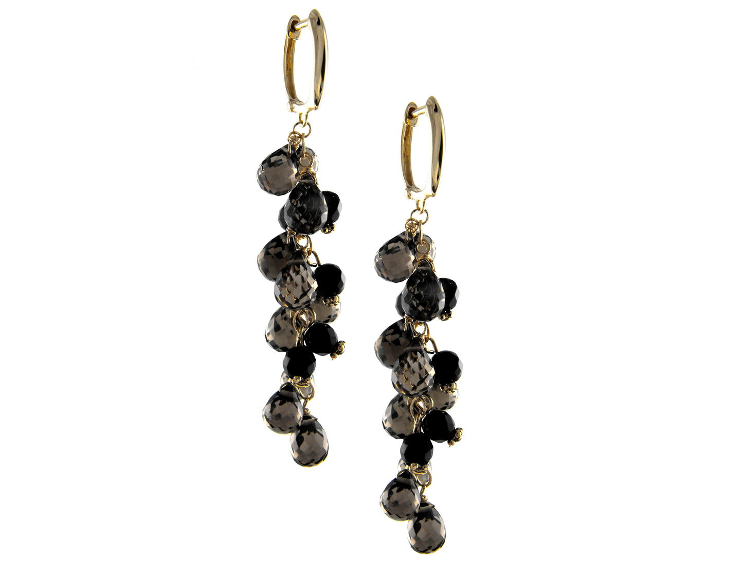 14k Smoky Quartz and Black Onyx Cluster Huggie Hoop Dangle Earring