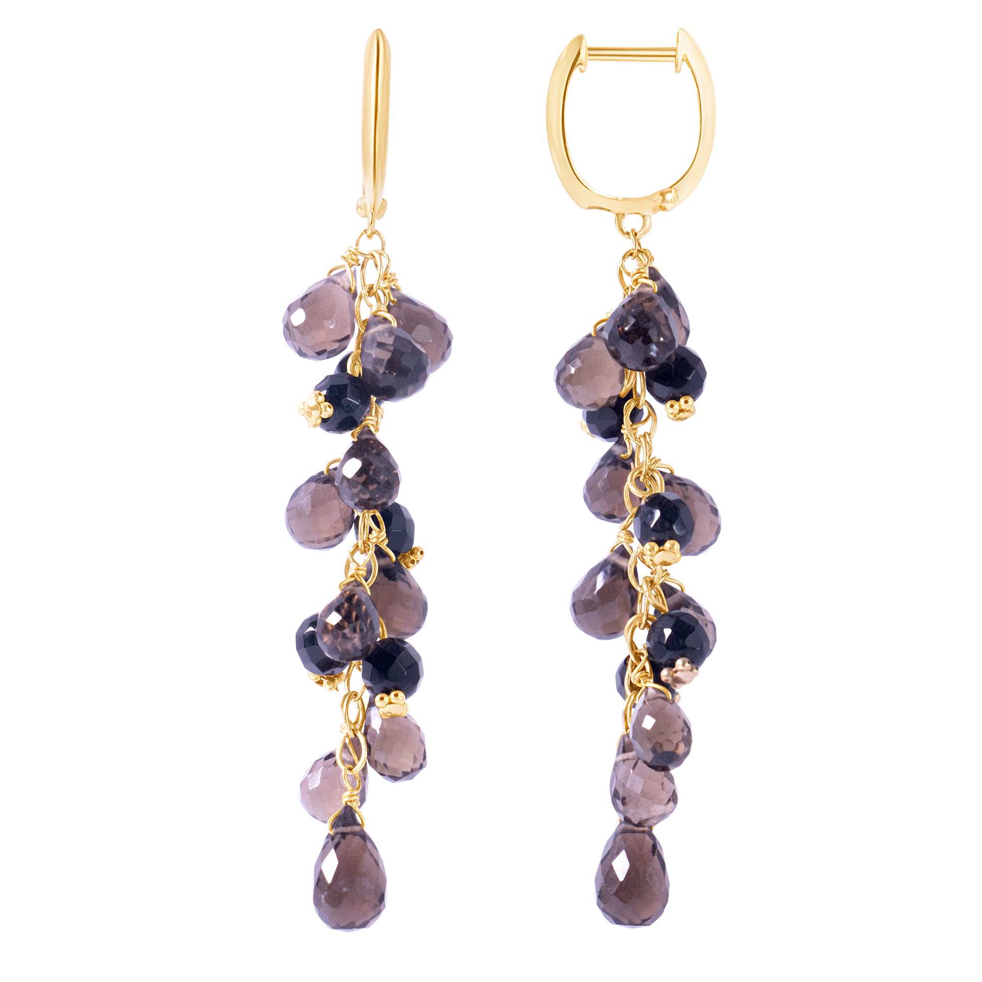 14k Smoky Quartz and Black Onyx Cluster Huggie Hoop Dangle Earring