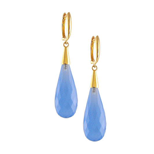 14k Blue Chalcedony Tear Drop Huggie Hinged Hoop Earring