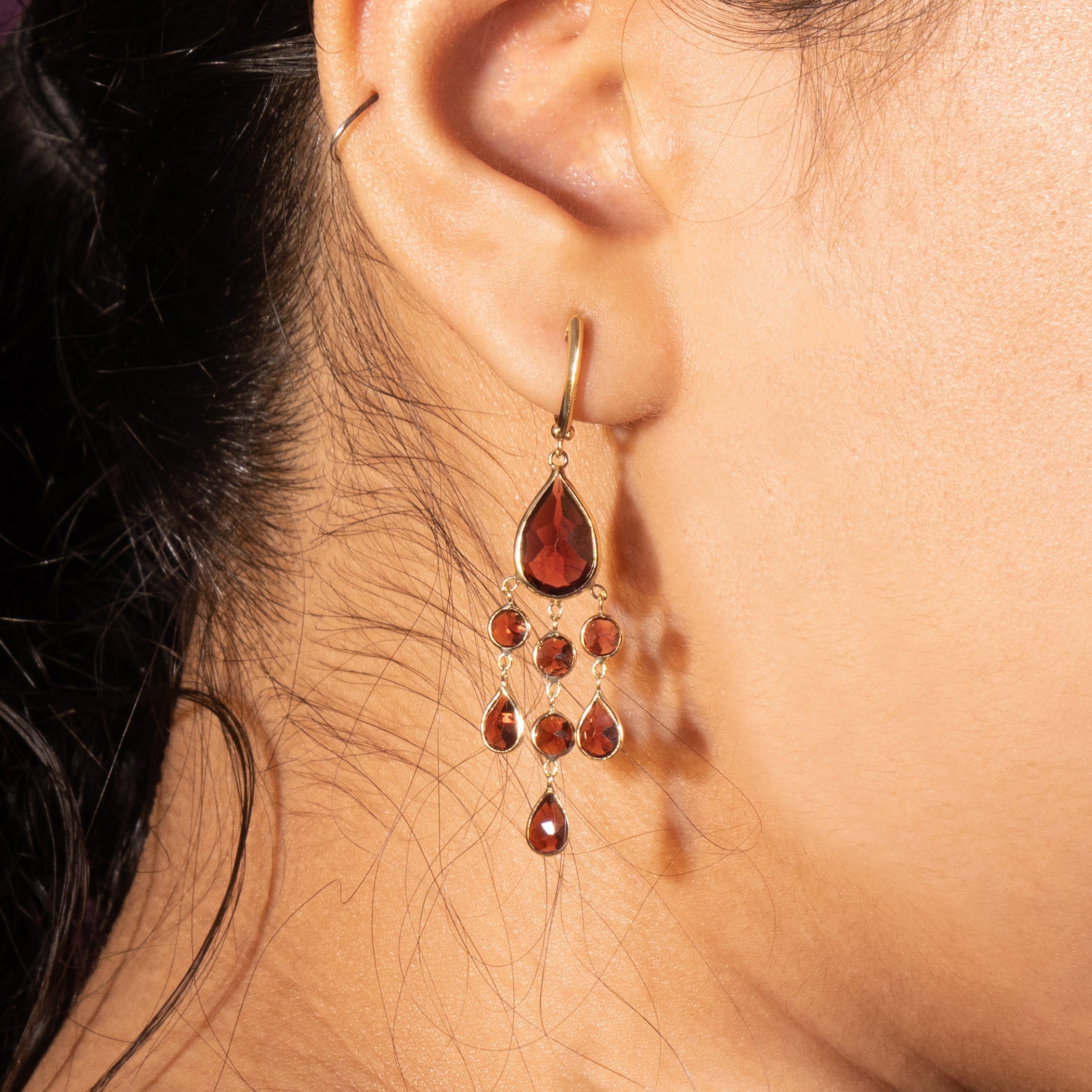 14k Garnet Chandelier Huggie Hoop Dangle Earring