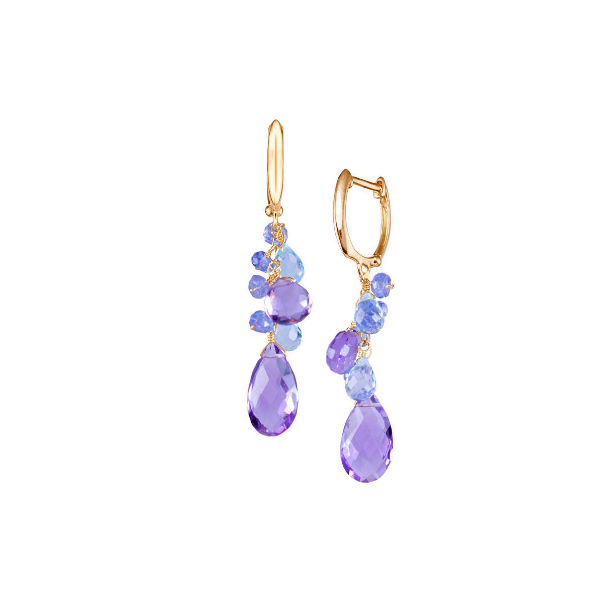 14k Pink Amethyst, Blue Topaz, Tanzanite Huggie Hoop Earring