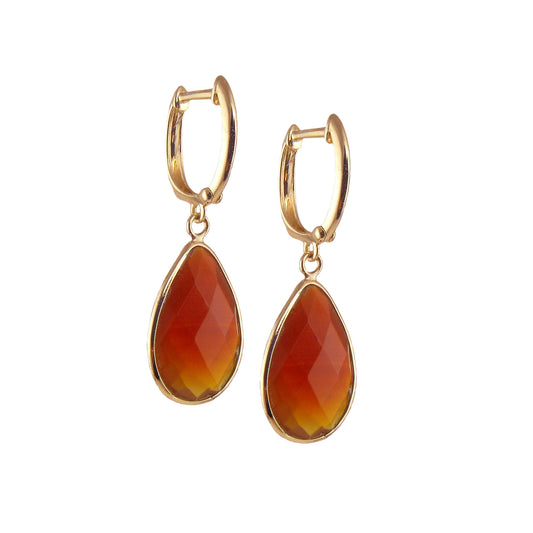 14k Carnelian Pear Shape Bezel Huggie Hoop Earring