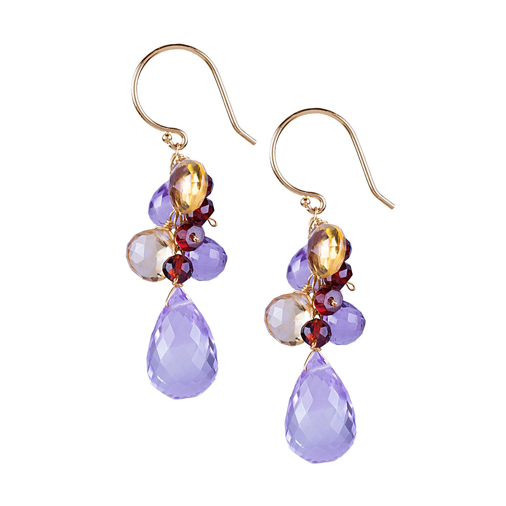 14k Faceted Pear Citrine Amethyst Garnet Earring