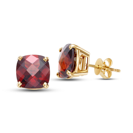 14k Faceted Cushion Cut Garnet 8mm Stud Earrings