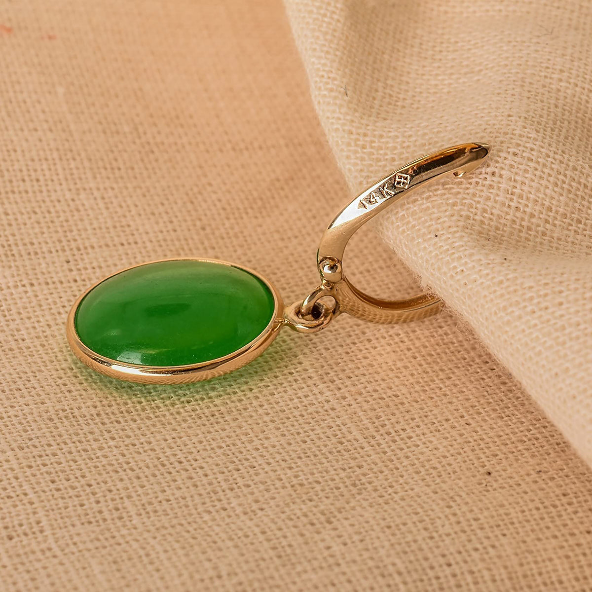14k Green Jade Bezel Huggie Hoop Drop Earrings
