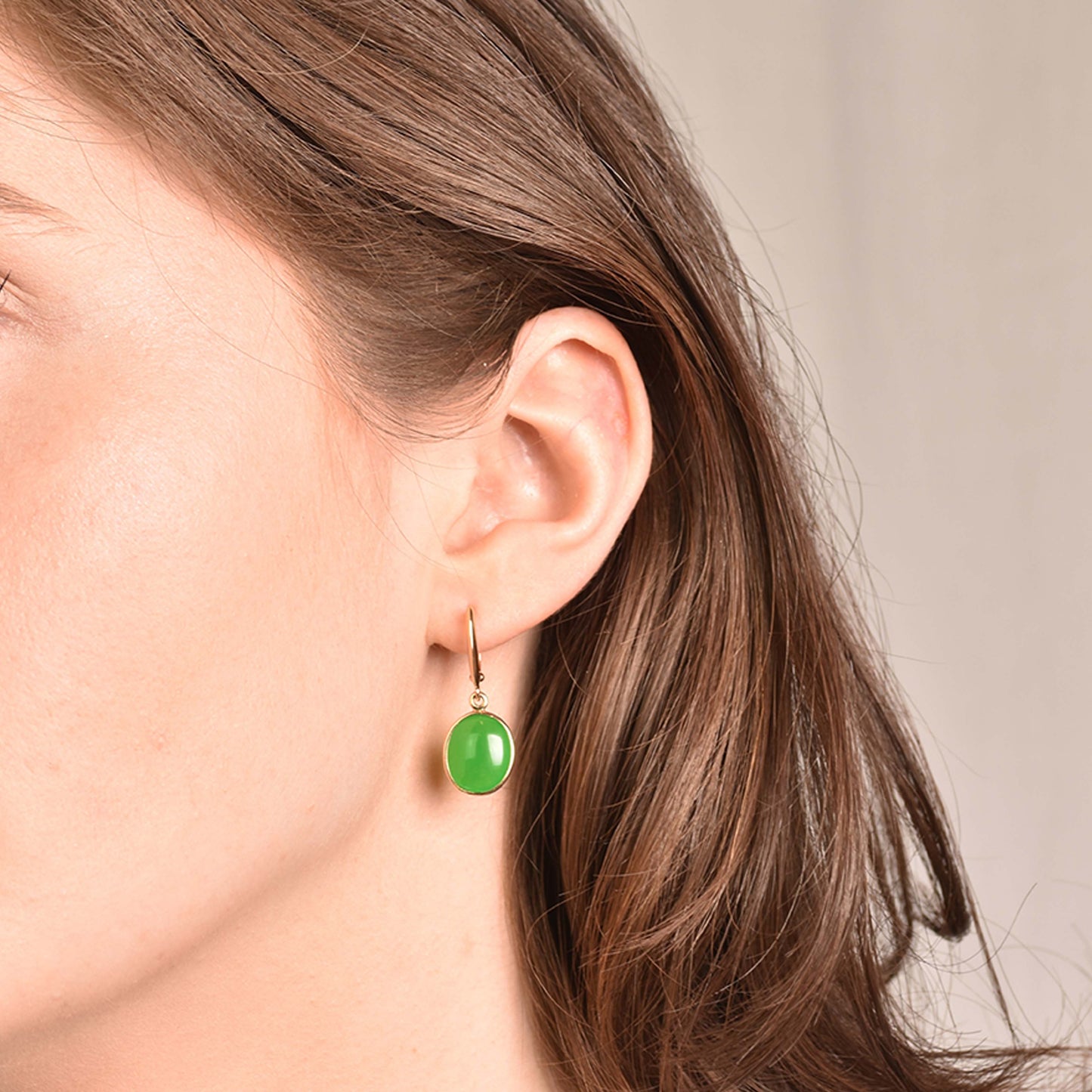 14k Green Jade Bezel Huggie Hoop Drop Earrings