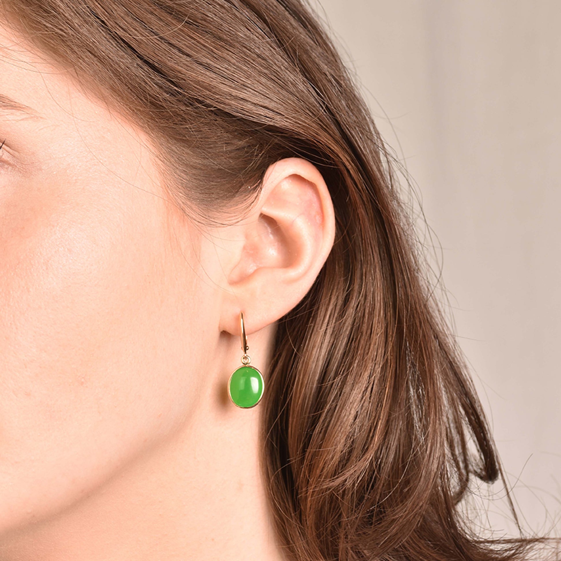 14k Green Jade Bezel Huggie Hoop Drop Earrings