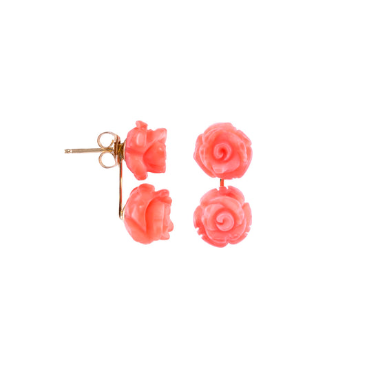 14k Two Coral Carved Rose Earring