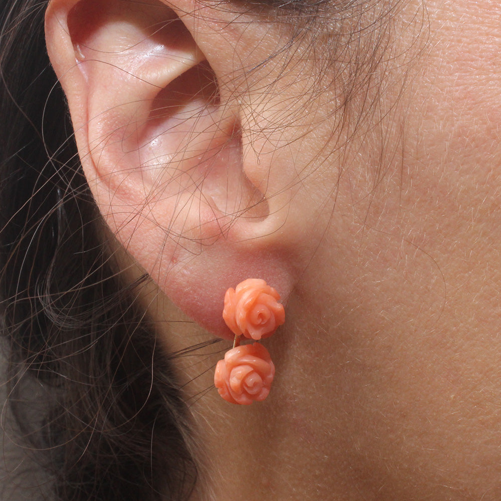 14k Two Coral Carved Rose Earring