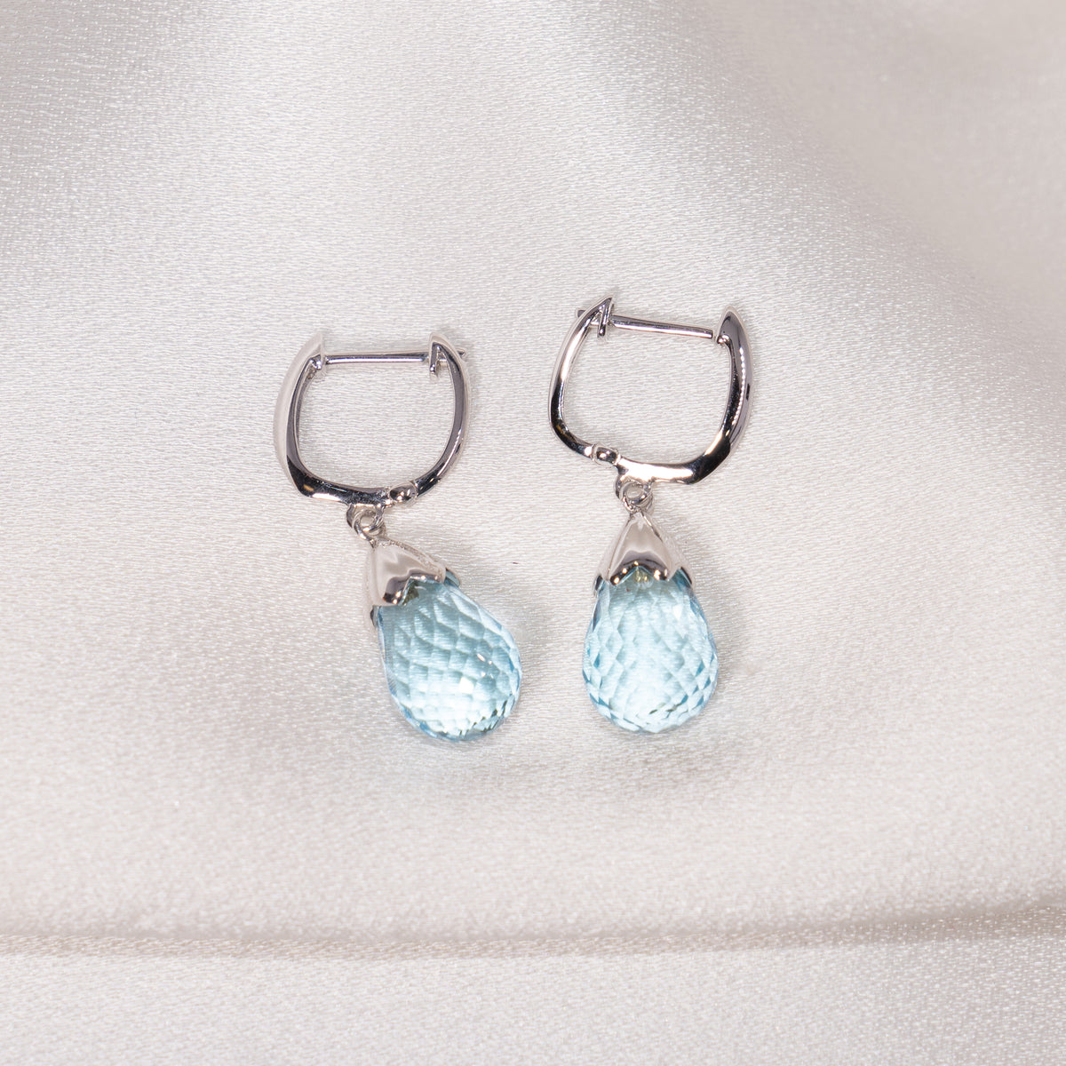 14k White Gold Faceted Blue Topaz Huggie Hoop Drop Earring