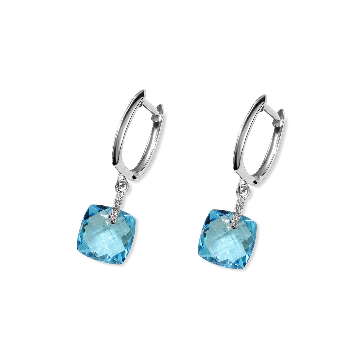 14k White Gold Swiss Blue Topaz Diamond VS Huggie Hoop Earring