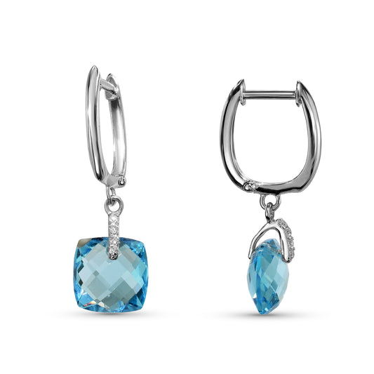 14k White Gold Swiss Blue Topaz Diamond VS Huggie Hoop Earring