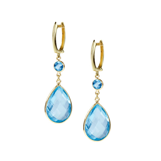 14k Blue Topaz Dual Bezel Huggie Hoop Dangle Earring