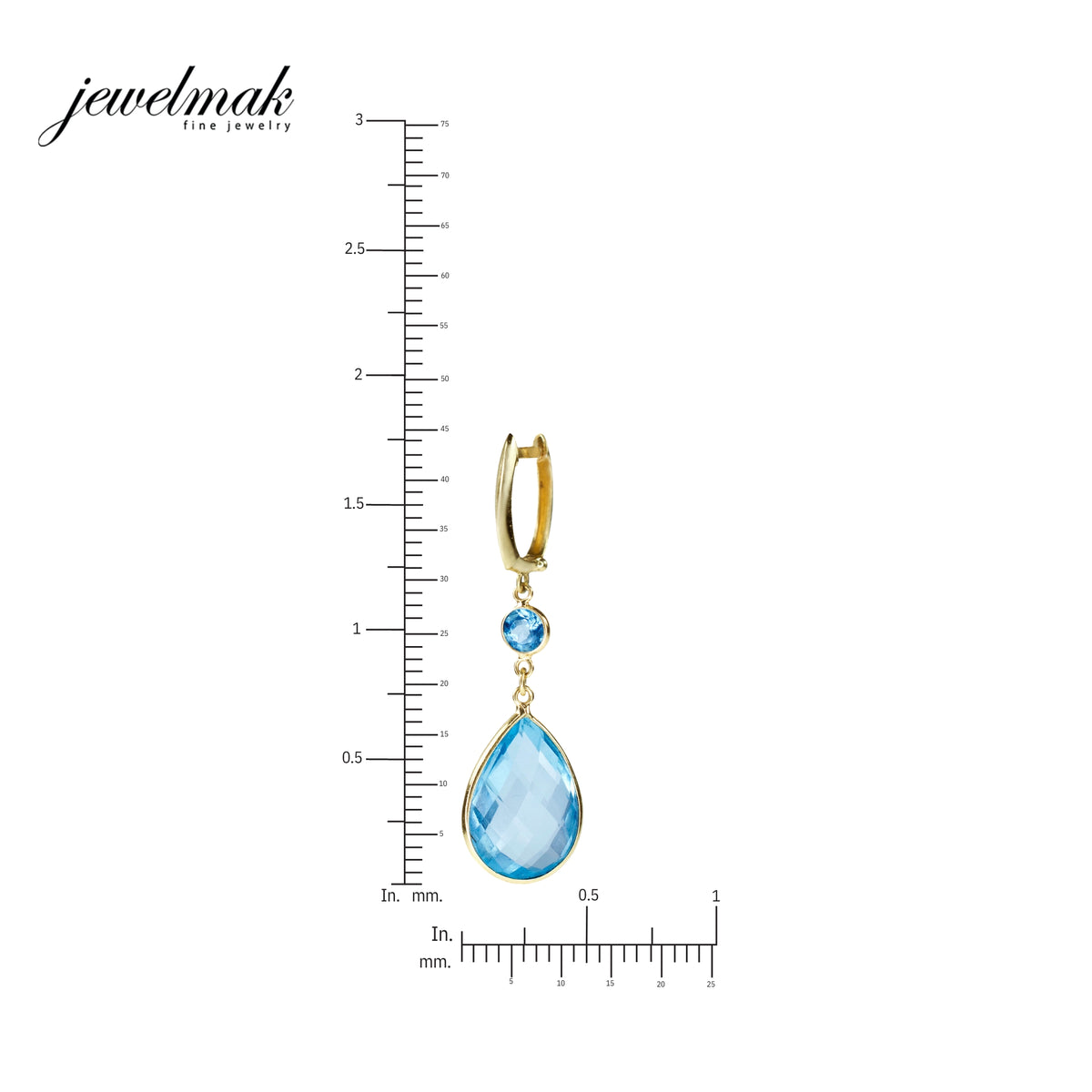 14k Blue Topaz Dual Bezel Huggie Hoop Dangle Earring