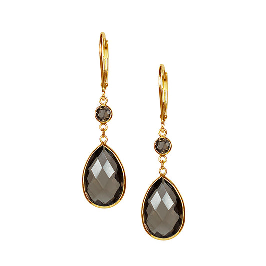 14k Smokey Quartz Round Pear Bezel Leverback Earring