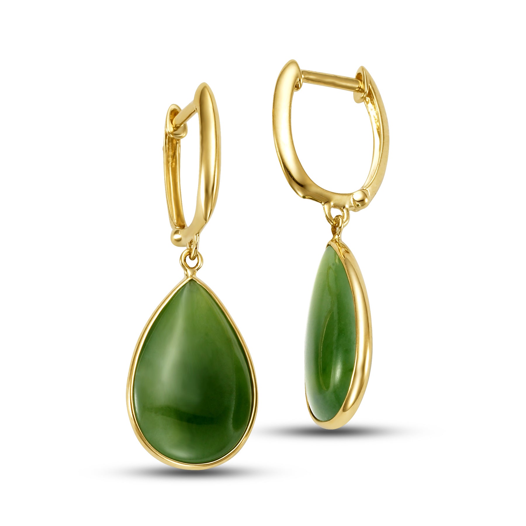 14k Natural Nephrite Jade Pear Shape Huggie Hoop Drop Earrings