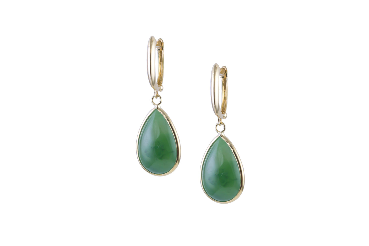 14k Natural Nephrite Jade Pear Shape Huggie Hoop Drop Earrings