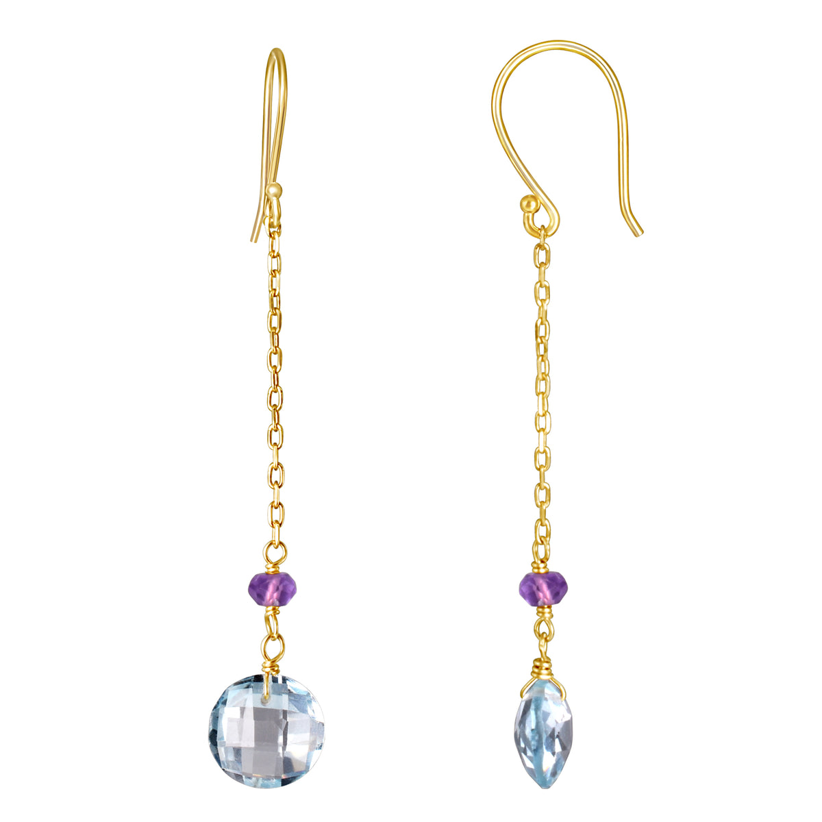 14k Gemstone Coin on Chain Fish Hook Amethyst & Blue Topaz