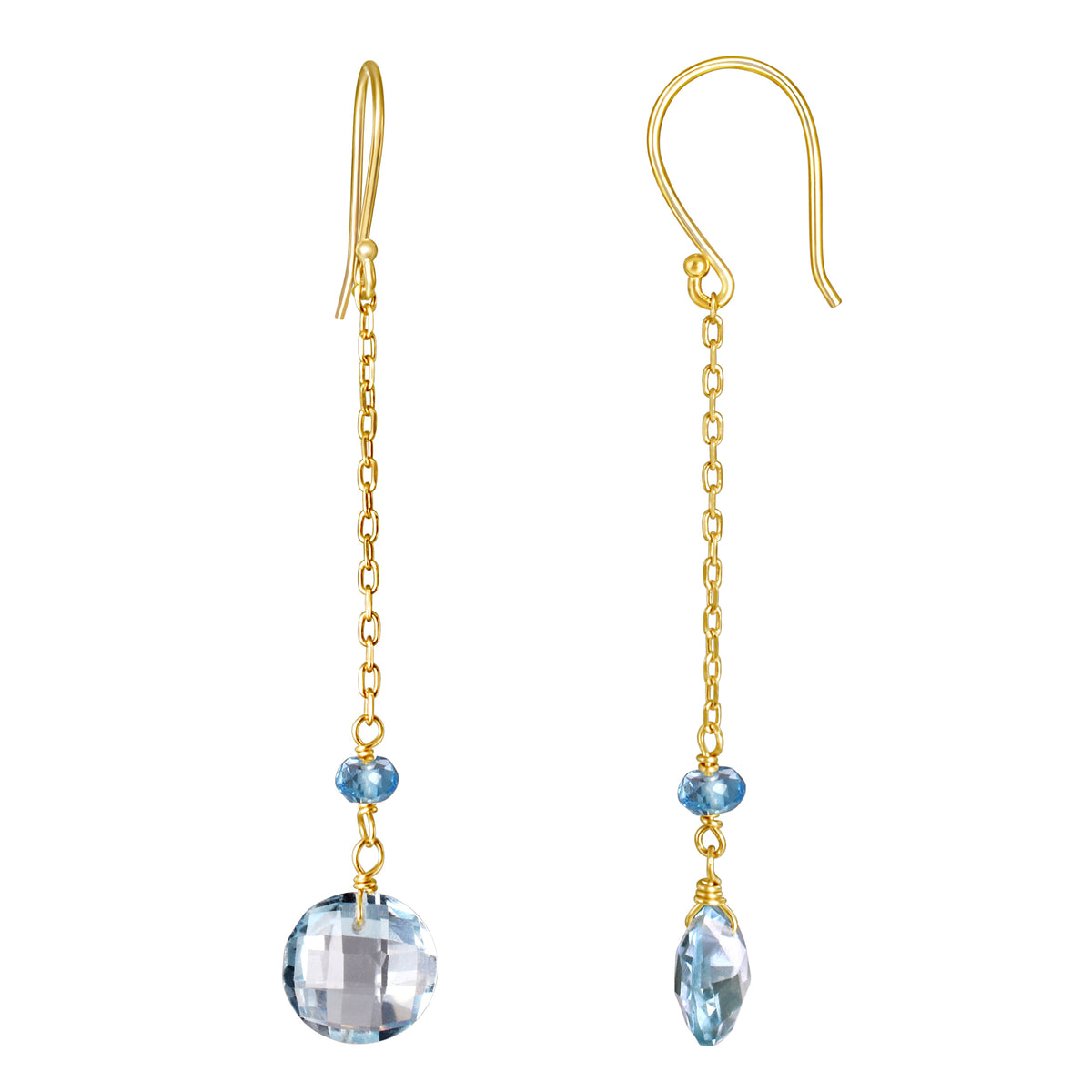 14k Gemstone Coin on Chain Fish Hook Swiss & Sky Blue Topaz